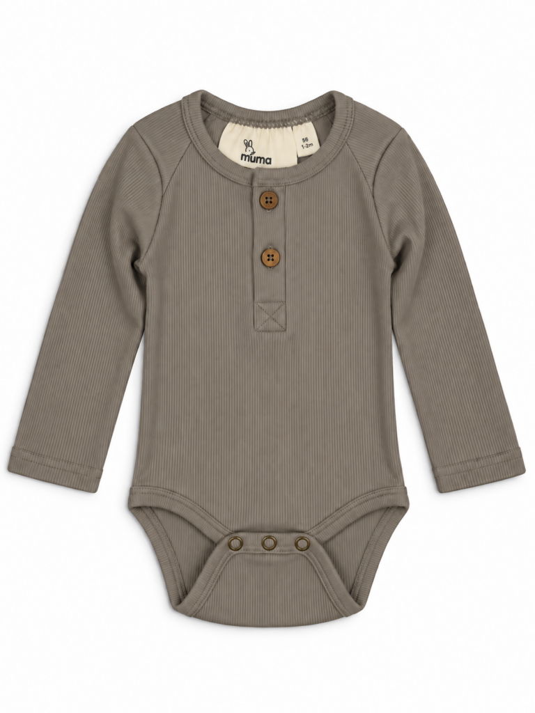 Langærmet ribbody med knapper – Beige