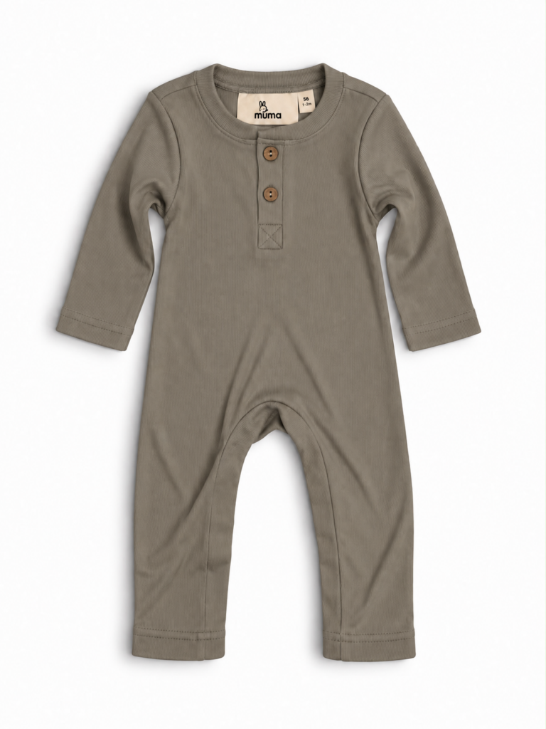 Langærmet ribheldragt med knapper – Beige