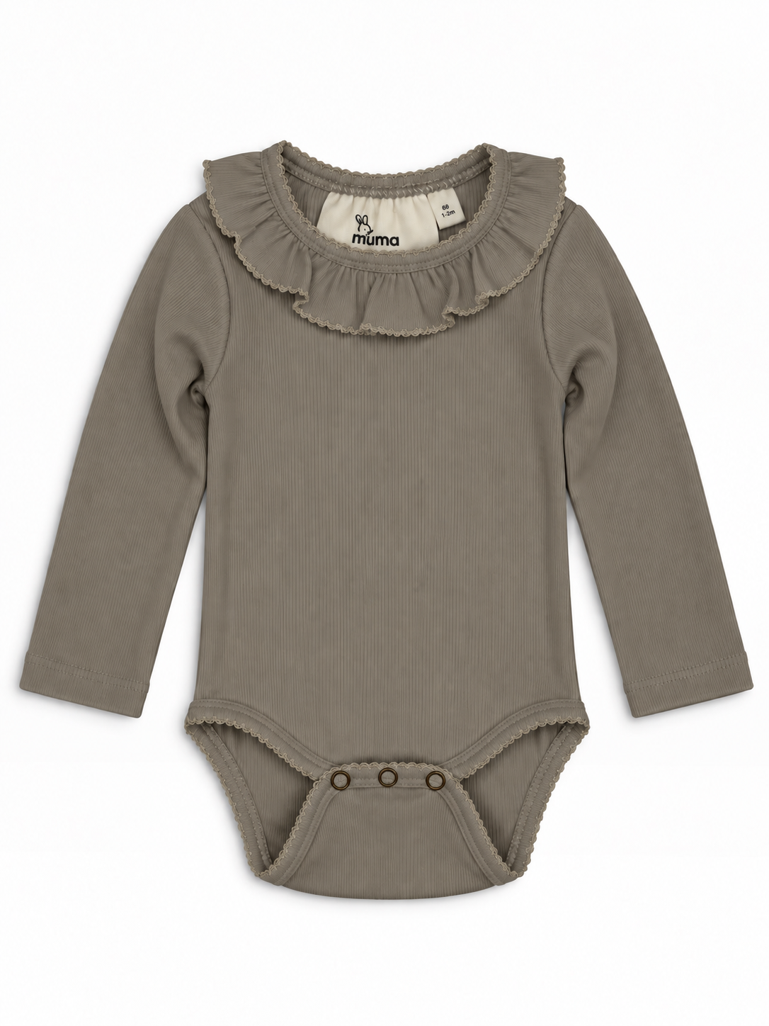 Langærmet ribbody med flæsekrave – Beige