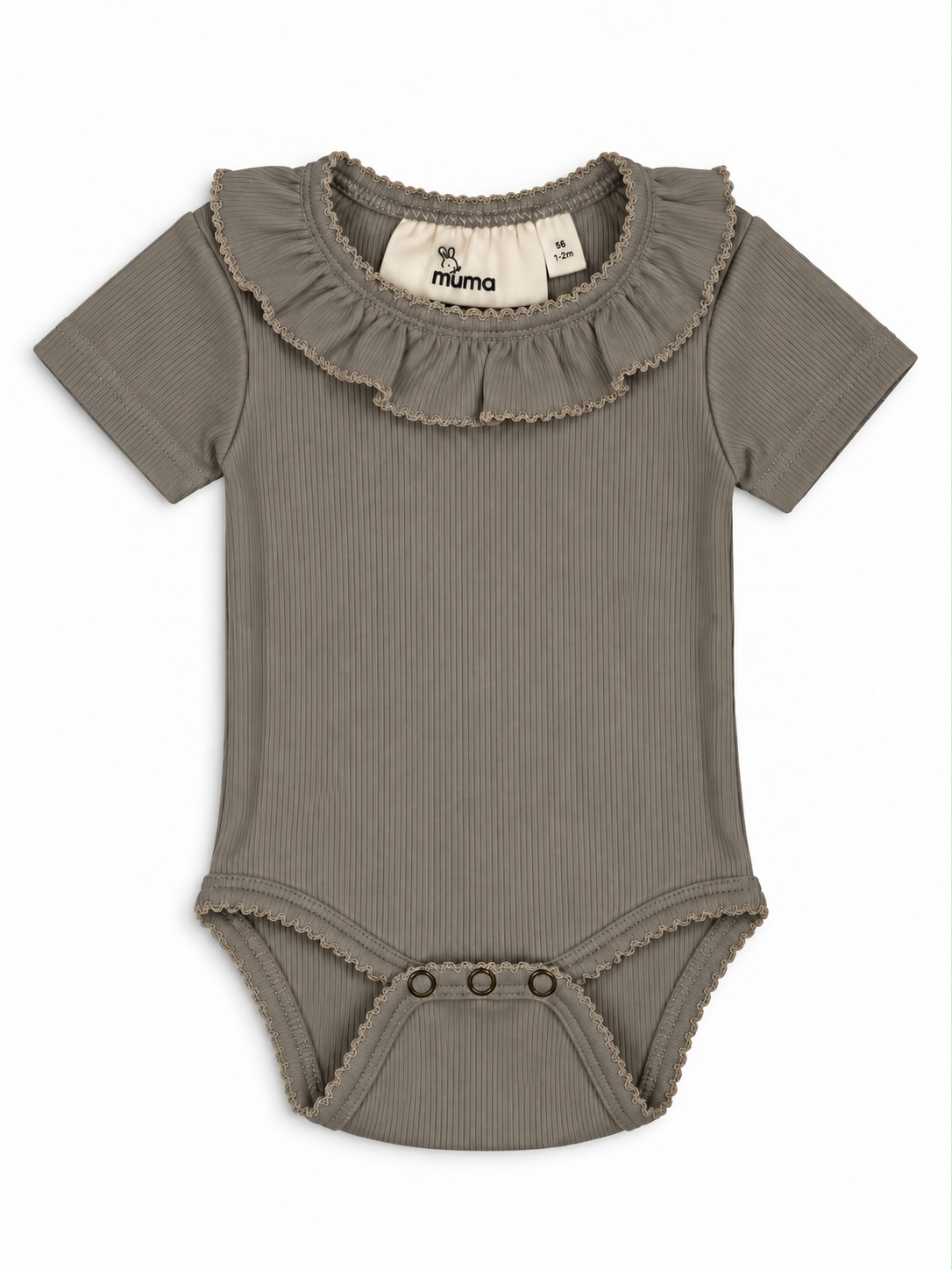 Kortærmet ribbody med flæsekrave – Beige