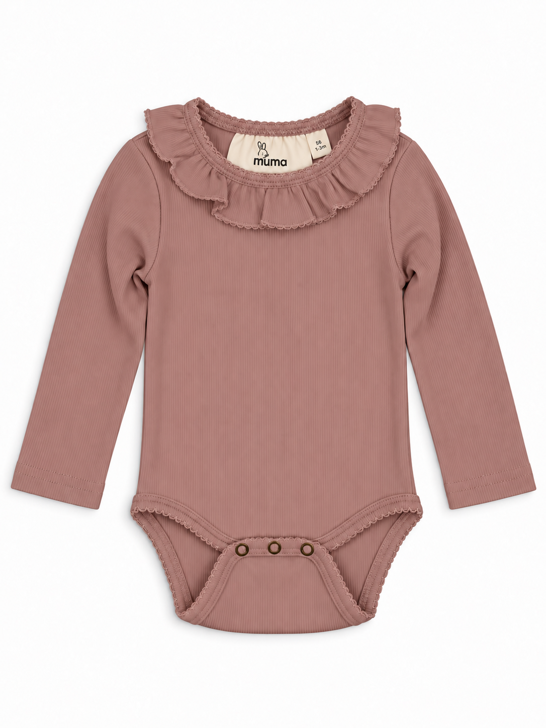 Langærmet ribbody med flæsekrave – Støvet rosa